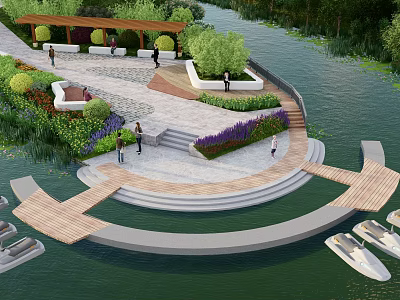 Scenic Riverside Public Landscape Area With Walkway Steps Greenery People And Boats 3d model