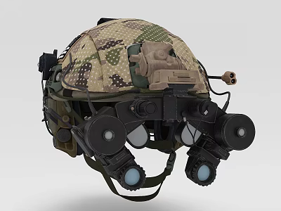 Camouflage Tactical Military Helmet With Night Vision Goggles And Mounted Equipment 3d model