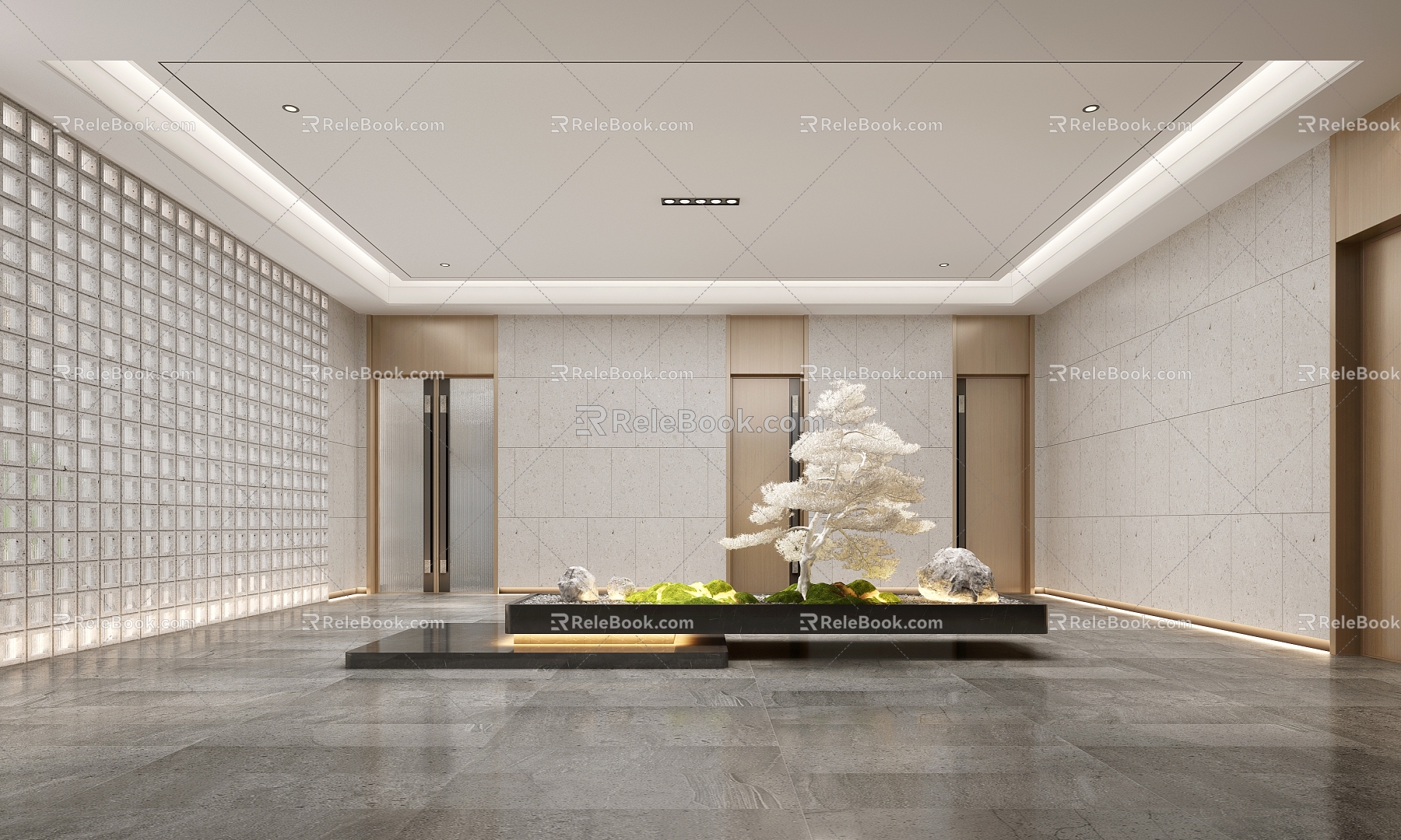 Hotel entrance foyer background dry tree landscaping water view 3d model