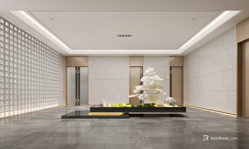 Modern Hotel Lobby Interior Design With Marble Floor White Tree Sculpture And Grid Wall 3d model 