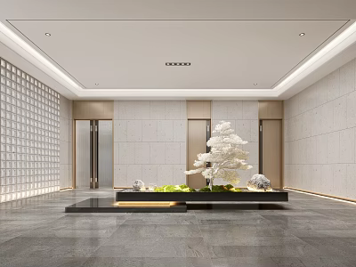 Modern Hotel Lobby Interior Design With Marble Floor White Tree Sculpture And Grid Wall 3d model