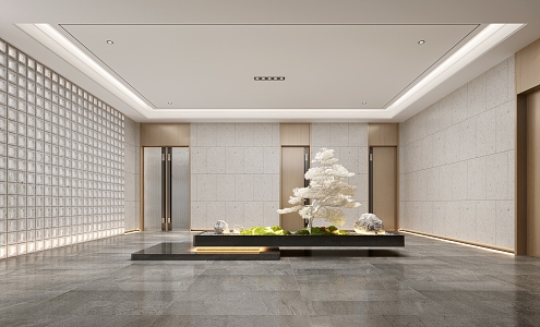 Hotel entrance foyer background dry tree landscaping water view 3d model