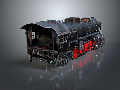 Vintage Black Steam Train With Red Wheels And Metal Texture 3d model
