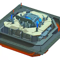 Cartoon Sci Fi Control Room Scene With Central Console Blue Screens Stairs And Technical Equipment
