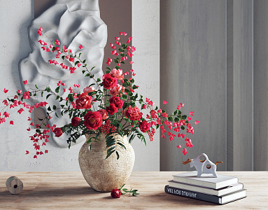 Modern Ornaments Combination Red Vase Flower Art Flower Ornaments Combination Desktop Flower Pot Flower Ornaments Jewelry Combination Book Flower Pot 3d model