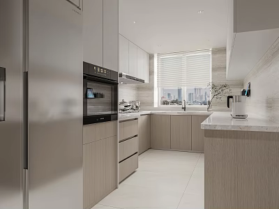 Modern Kitchen Interior With Light Wood Cabinets Stainless Steel Refrigerator Window Blinds And Countertop 3d model