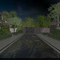 Serene Garden Landscape With Reflective Pool Lush Green Plants Trees And White Buildings
