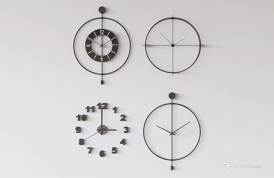 Minimalist Wall Clocks With Different Stylish Designs Hanging On White Wall 3d model 