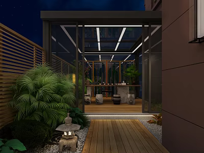 Modern Garden Landscape With Wooden Deck Stone Lantern And Glass Roof Pavilion At Night 3d model