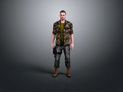 Man in Camouflage Jacket Green T-Shirt Jeans Brown Boots with Handgun Holster on Gray Background 3d model