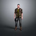 Man in Camouflage Jacket Green T-Shirt Jeans Brown Boots with Handgun Holster on Gray Background