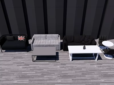 Sectional Sofa Set In Gray Black With Coffee Tables And Dark Striped Wall Design 3d model