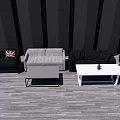 Sectional Sofa Set In Gray Black With Coffee Tables And Dark Striped Wall Design