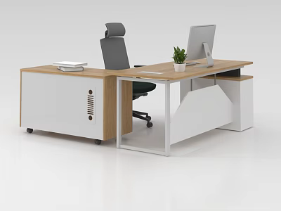 Modern Office Desk With Wooden And White Design Chair Computer Monitor Potted Plant And Books 3d model