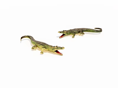 Two Green Plastic Crocodile Toys With Open Mouths On White Background 3d model