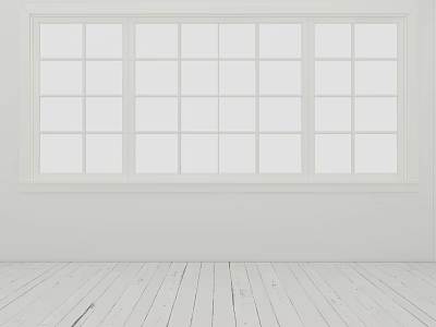 White Grid Casement Windows in Modern Interior Room with Clean White Wall and Wooden Floor 3d model