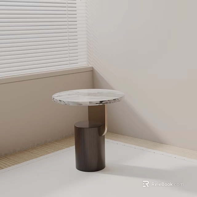 Modern Round Side Table With Marble Top And Wooden Base In Minimalist Interior 3d model 