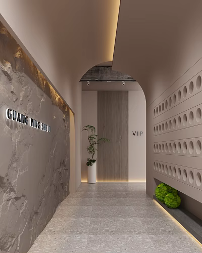 Modern Elevator Corridor With Marble Wall Arched Structure VIP Sign And Green Plants 3d model