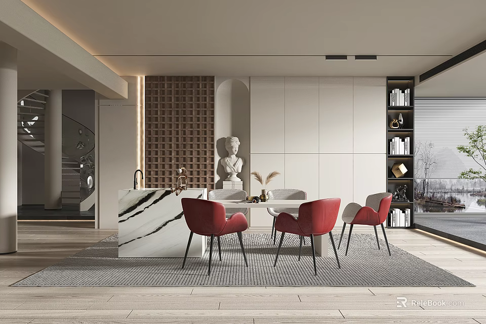 Elegant Modern Restaurant Interior With Marble Dining Table And Red Chairs 3d model