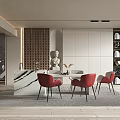 Elegant Modern Restaurant Interior With Marble Dining Table And Red Chairs 3d model