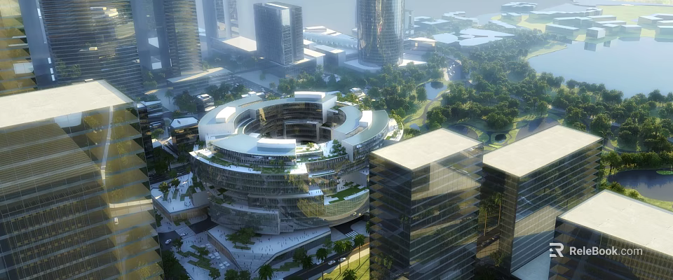 Swing Door Design In Modern Urban Architecture With High Rise Buildings And Greenery 3d model 
