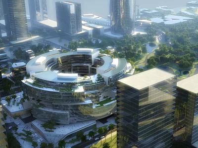 Swing Door Design In Modern Urban Architecture With High Rise Buildings And Greenery 3d model