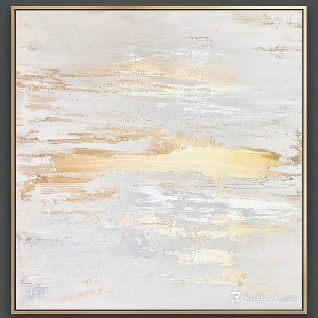 Modern Framed Abstract Wall Artwork With Gold White Brushstroke Details 3d model 