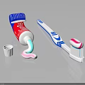 Red Toothpaste Tube With Squeezed Paste White Blue Toothbrush And Open Cap 3d model