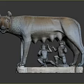 Bronze She Wolf Sculpture With Two Nursing Infants On Stone Base 3d model