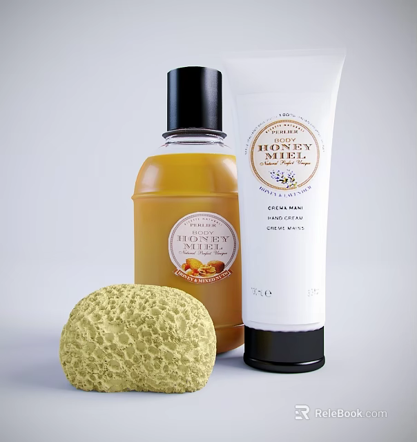 Honey Miel Natural Skincare Products with Bottle Tube And Facial Sponge 3d model 