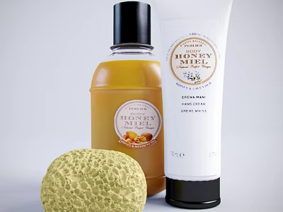 Honey Miel Natural Skincare Products with Bottle Tube And Facial Sponge 3d model