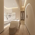 Relaxing Beauty Hair Salon Interior With Curved Bench Palm Trees And Circular Light Glow