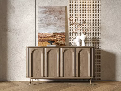 Wooden Entryway Cabinet Sideboard With Arched Doors Decorative Vases And Artwork 3d model
