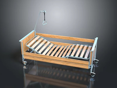 Medical Bed With Wooden Frame Metal Rails Wheels And Hanging IV Fixture 3d model