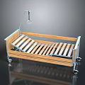Medical Bed With Wooden Frame Metal Rails Wheels And Hanging IV Fixture