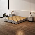 Minimalist Modern Double Bed with White Gray Pillows Brown Blanket Nightstands Lamps and Area Rug