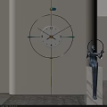 Modern Wall Clock With White Dial Black Blue Frame By Figure Sculpture On Marble Stand