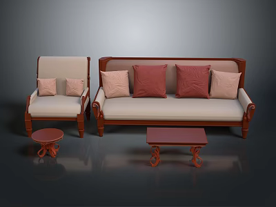 Elegant Living Room Furniture Set With Beige Sofa Armchair Red Pillows And Wooden Coffee Table 3d model