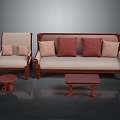 Elegant Living Room Furniture Set With Beige Sofa Armchair Red Pillows And Wooden Coffee Table