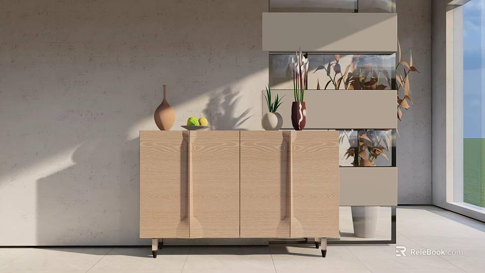Modern Wooden Entryway Cabinet Sideboard With Vase Fruits And Green Plants Decoration For Minimalist Interior 3d model 