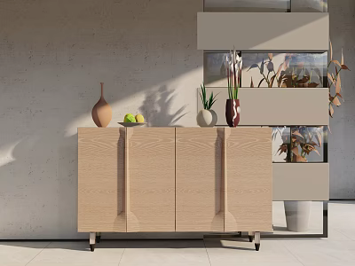 Modern Wooden Entryway Cabinet Sideboard With Vase Fruits And Green Plants Decoration For Minimalist Interior 3d model