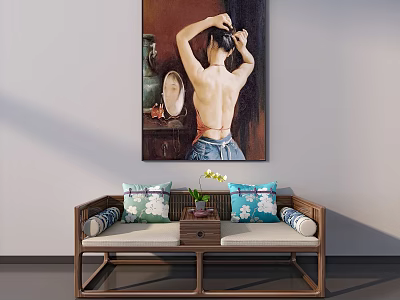 Traditional Chinese Luohan Bed With Decorative Pillows Small Wooden Table And Wall Painting In Interior 3d model