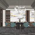 New Chinese Style Room Restaurant Dining Table and Chair Combination Chandelier Round Table 3d model