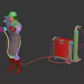 Welder Wearing White Safety Helmet Using Welding Torch With Red Machine And Green Gas Cylinder