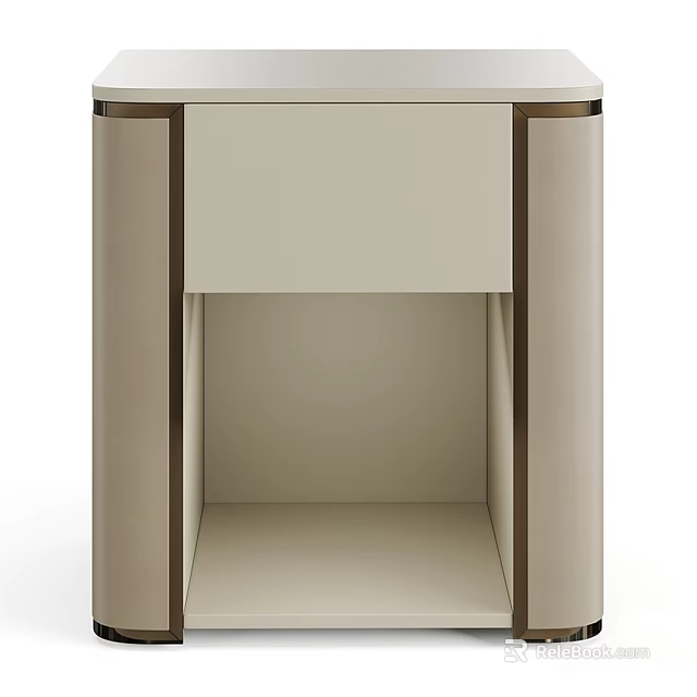 Modern Beige Nightstand Design With Metallic Border Trim And Open Lower Storage 3d model 