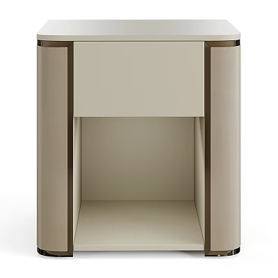 Modern Beige Nightstand Design With Metallic Border Trim And Open Lower Storage 3d model