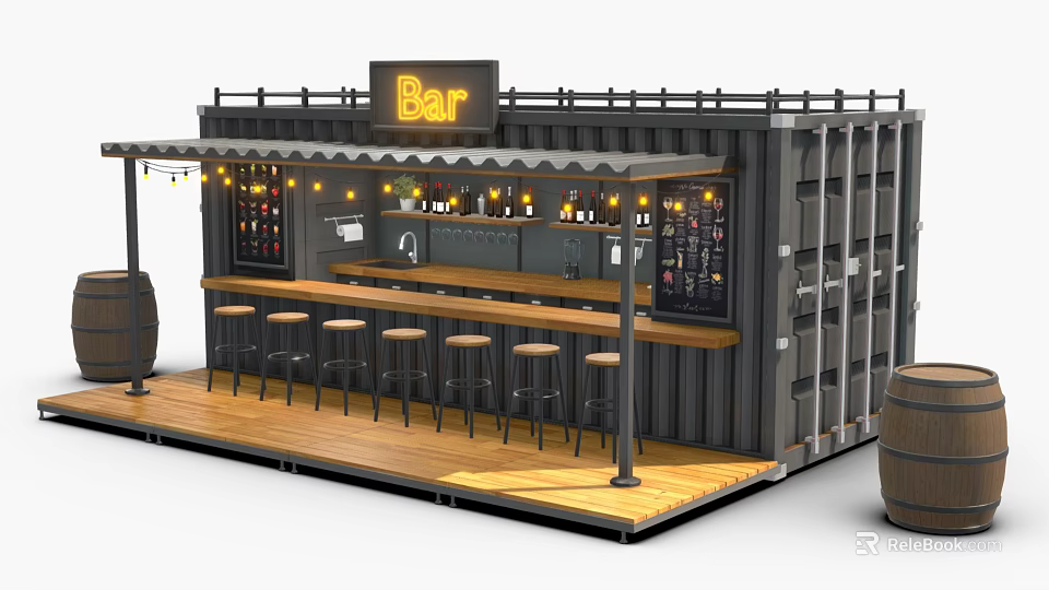 Container Bar Building With Wooden Deck Counter High Stools Wine Racks And Lighting 3d model 