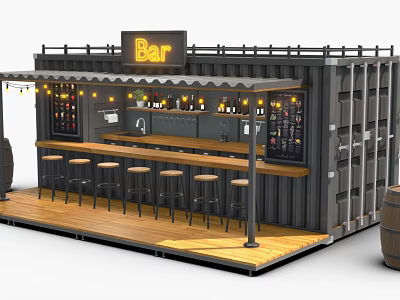 Container Bar Building With Wooden Deck Counter High Stools Wine Racks And Lighting 3d model