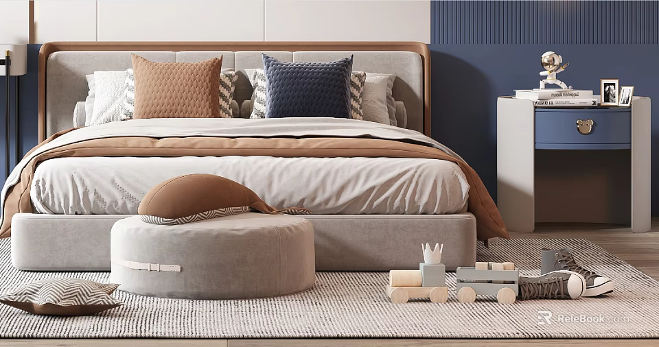 Kids Bed With Soft Headboard Comfy Mattress Colorful Pillows And Toy Train On Cozy Rug 3d model 