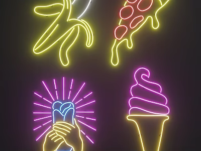 Neon Decorative Lights with Banana Pizza Ice Cream and Hands Holding Radiant Heart Shapes 3d model